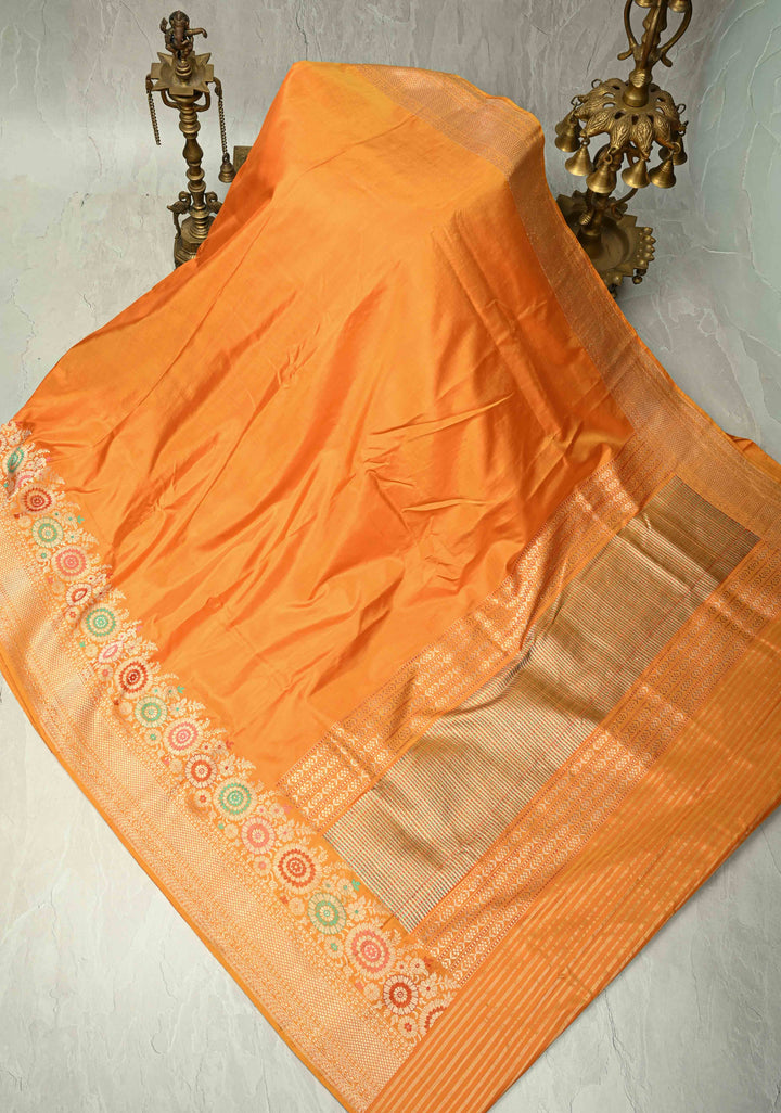 Mustard Orange  Dual tone Banarasi Pure Katan Silk Saree with Meenakari Floral Skirt Border border | SILK MARK CERTIFIED