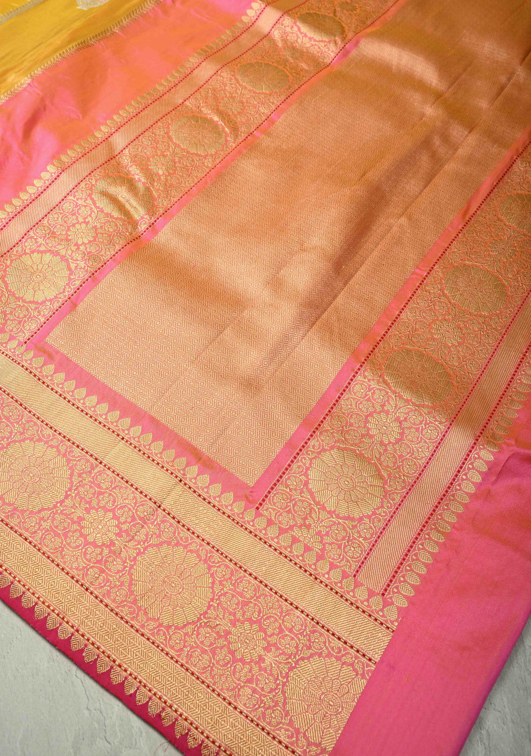 Pink-Tissue-Yellow Rangkaat Design on Pure Banarasi Tissue Silk Saree with  Meenakari Buttas Zari and Zari Border | SILK MARK CERTIFIED