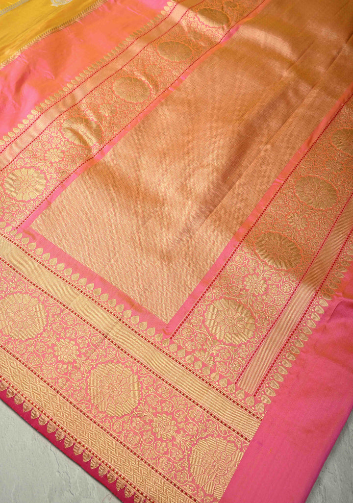 Pink-Tissue-Yellow Rangkaat Design on Pure Banarasi Tissue Silk Saree with  Meenakari Buttas Zari and Zari Border | SILK MARK CERTIFIED