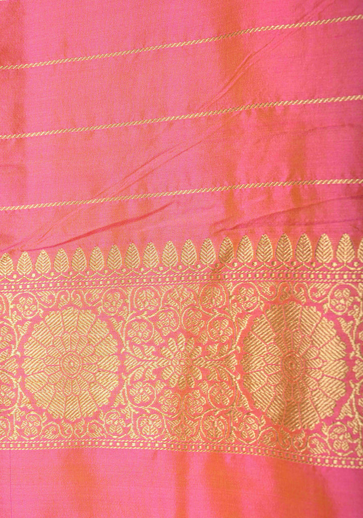 Pink-Tissue-Yellow Rangkaat Design on Pure Banarasi Tissue Silk Saree with  Meenakari Buttas Zari and Zari Border | SILK MARK CERTIFIED