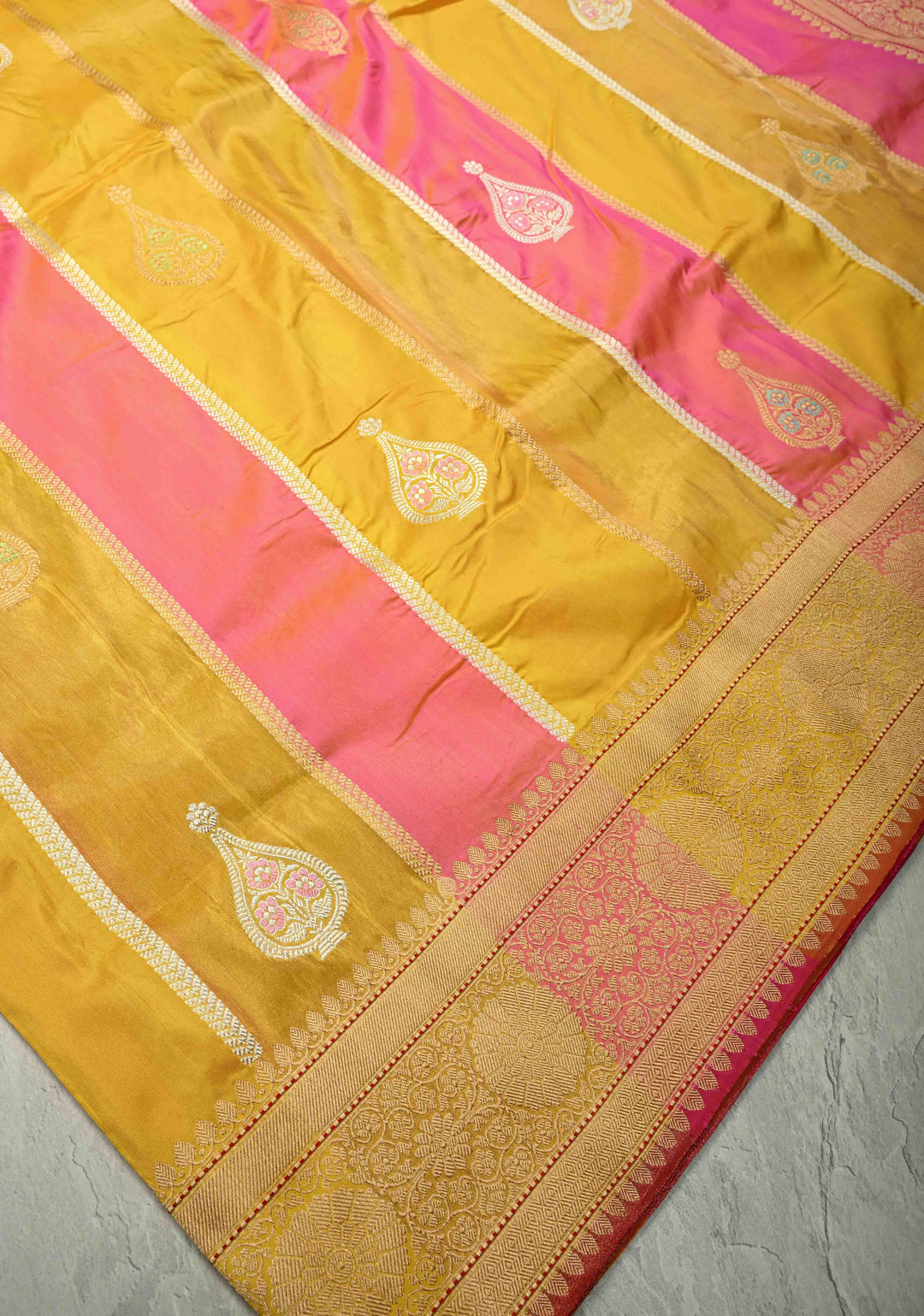 Pink-Tissue-Yellow Rangkaat Design on Pure Banarasi Tissue Silk Saree with  Meenakari Buttas Zari and Zari Border | SILK MARK CERTIFIED