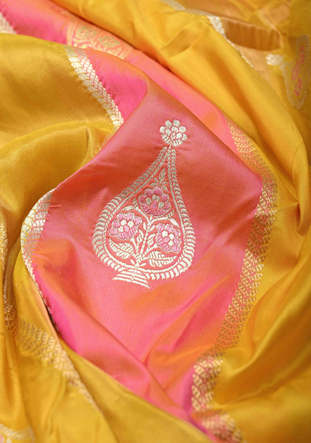 Pink-Tissue-Yellow Rangkaat Design on Pure Banarasi Tissue Silk Saree with  Meenakari Buttas Zari and Zari Border | SILK MARK CERTIFIED