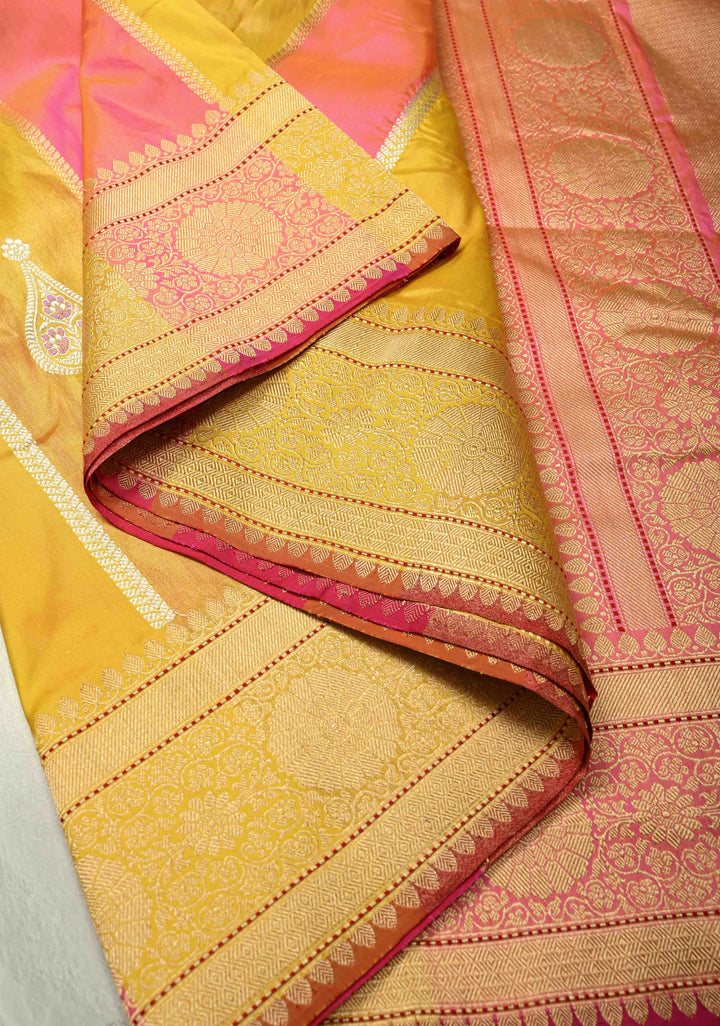 Pink-Tissue-Yellow Rangkaat Design on Pure Banarasi Tissue Silk Saree with  Meenakari Buttas Zari and Zari Border | SILK MARK CERTIFIED