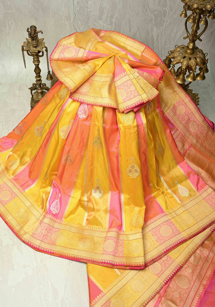 Pink-Tissue-Yellow Rangkaat Design on Pure Banarasi Tissue Silk Saree with  Meenakari Buttas Zari and Zari Border | SILK MARK CERTIFIED
