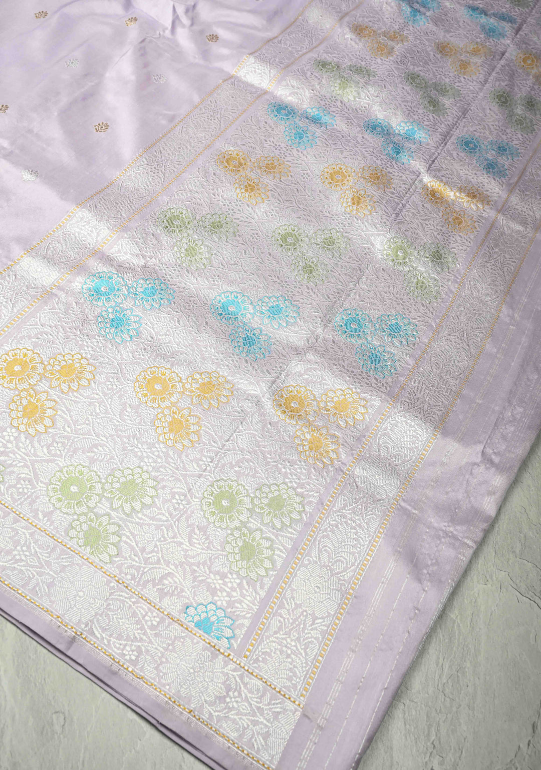 Kadhuwa Meenakari Skirt Border Banarasi Pure Katan Silk Saree in Smokey Lavender with Sona Rupa Chunri Buttis and Zari Border| SILK MARK CERTIFIED