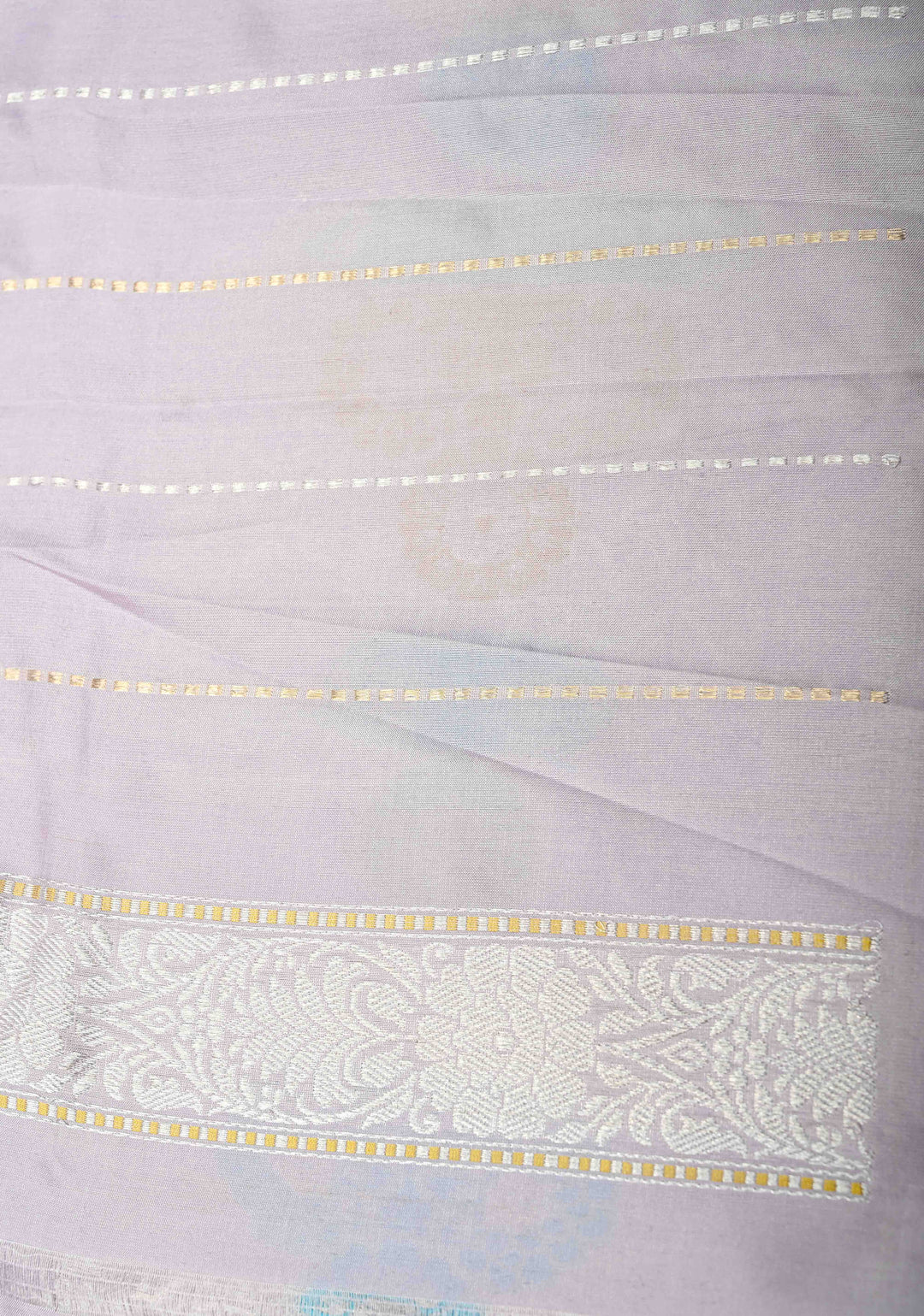 Kadhuwa Meenakari Skirt Border Banarasi Pure Katan Silk Saree in Smokey Lavender with Sona Rupa Chunri Buttis and Zari Border| SILK MARK CERTIFIED