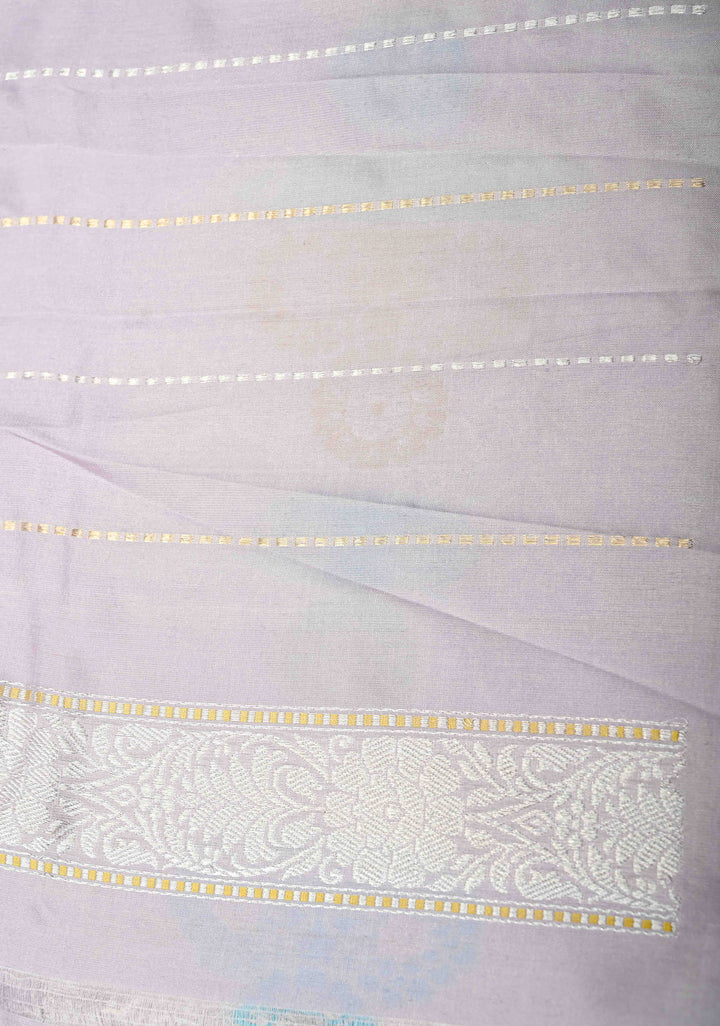 Kadhuwa Meenakari Skirt Border Banarasi Pure Katan Silk Saree in Smokey Lavender with Sona Rupa Chunri Buttis and Zari Border| SILK MARK CERTIFIED