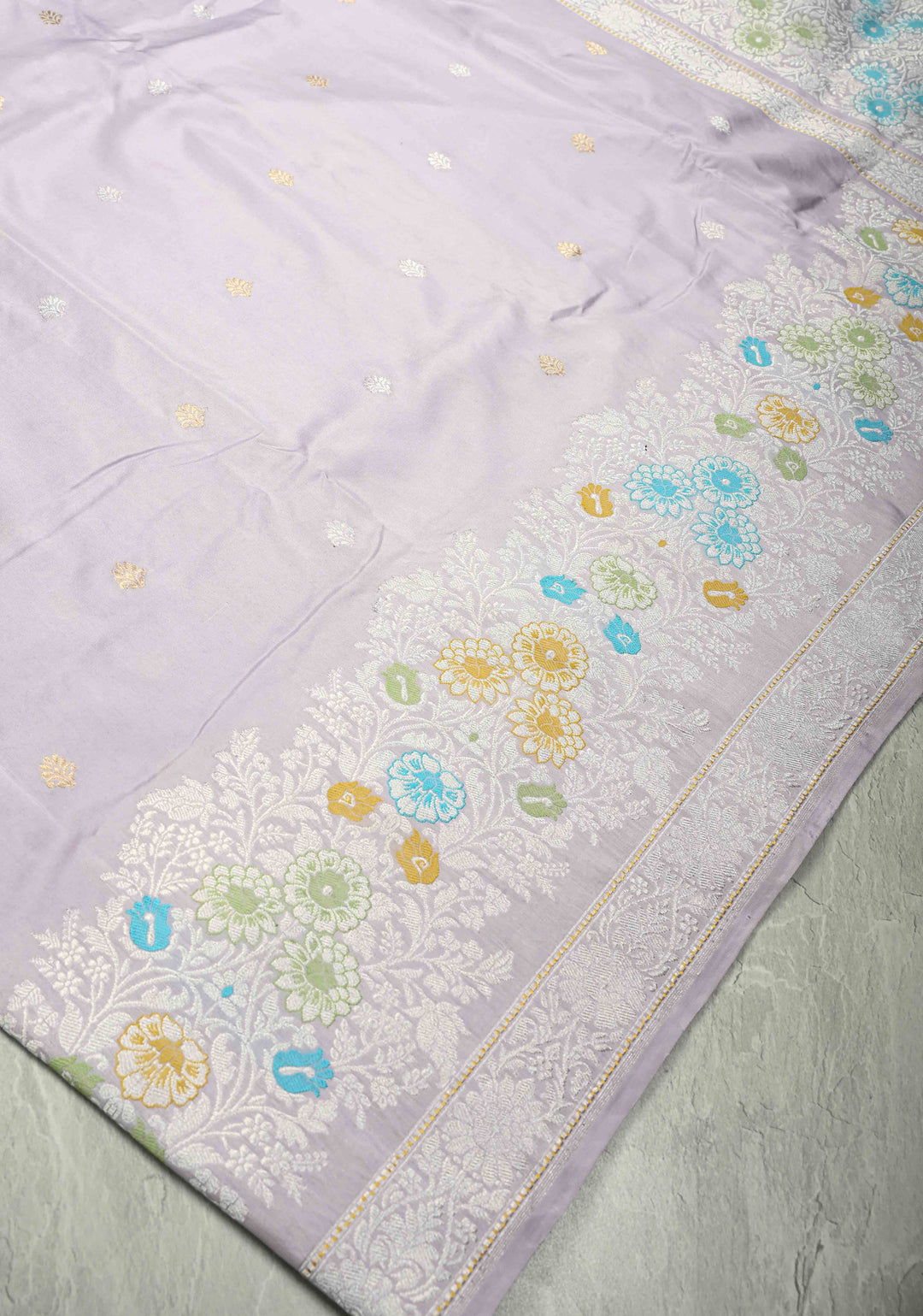 Kadhuwa Meenakari Skirt Border Banarasi Pure Katan Silk Saree in Smokey Lavender with Sona Rupa Chunri Buttis and Zari Border| SILK MARK CERTIFIED