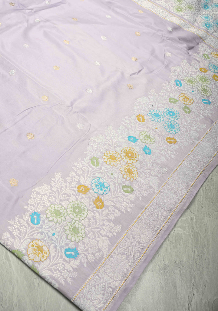 Kadhuwa Meenakari Skirt Border Banarasi Pure Katan Silk Saree in Smokey Lavender with Sona Rupa Chunri Buttis and Zari Border| SILK MARK CERTIFIED