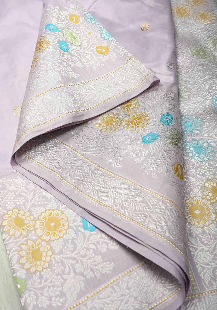 Kadhuwa Meenakari Skirt Border Banarasi Pure Katan Silk Saree in Smokey Lavender with Sona Rupa Chunri Buttis and Zari Border| SILK MARK CERTIFIED