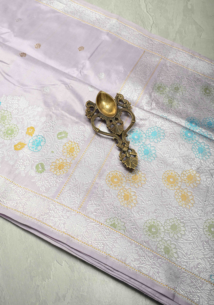 Kadhuwa Meenakari Skirt Border Banarasi Pure Katan Silk Saree in Smokey Lavender with Sona Rupa Chunri Buttis and Zari Border| SILK MARK CERTIFIED