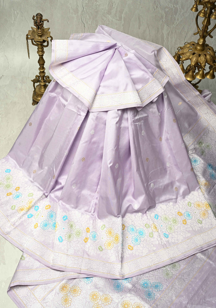 Kadhuwa Meenakari Skirt Border Banarasi Pure Katan Silk Saree in Smokey Lavender with Sona Rupa Chunri Buttis and Zari Border| SILK MARK CERTIFIED
