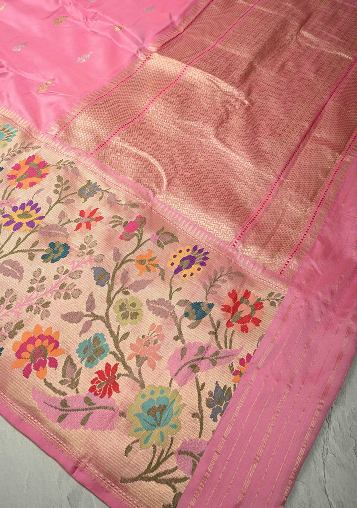 Carnation Pink Pure Banarasi Silk Saree with Floral Gold-Silver Zari  Buttas and Paithani Style Tissue Meenakari  Floral Border| SILK MARK CERTIFIED