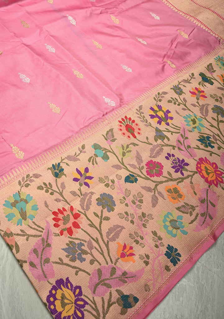 Carnation Pink Pure Banarasi Silk Saree with Floral Gold-Silver Zari  Buttas and Paithani Style Tissue Meenakari  Floral Border| SILK MARK CERTIFIED