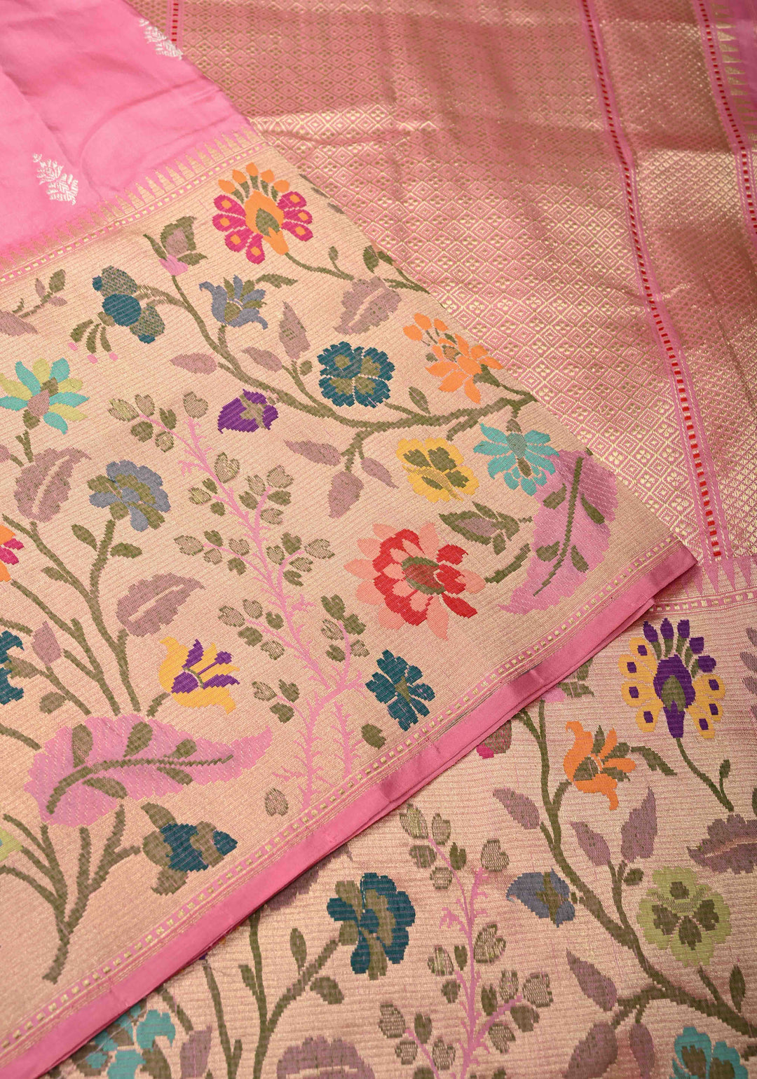 Carnation Pink Pure Banarasi Silk Saree with Floral Gold-Silver Zari  Buttas and Paithani Style Tissue Meenakari  Floral Border| SILK MARK CERTIFIED