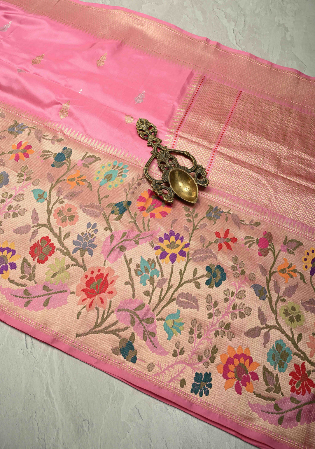 Carnation Pink Pure Banarasi Silk Saree with Floral Gold-Silver Zari  Buttas and Paithani Style Tissue Meenakari  Floral Border| SILK MARK CERTIFIED