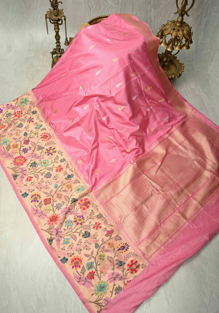 Carnation Pink Pure Banarasi Silk Saree with Floral Gold-Silver Zari  Buttas and Paithani Style Tissue Meenakari  Floral Border| SILK MARK CERTIFIED