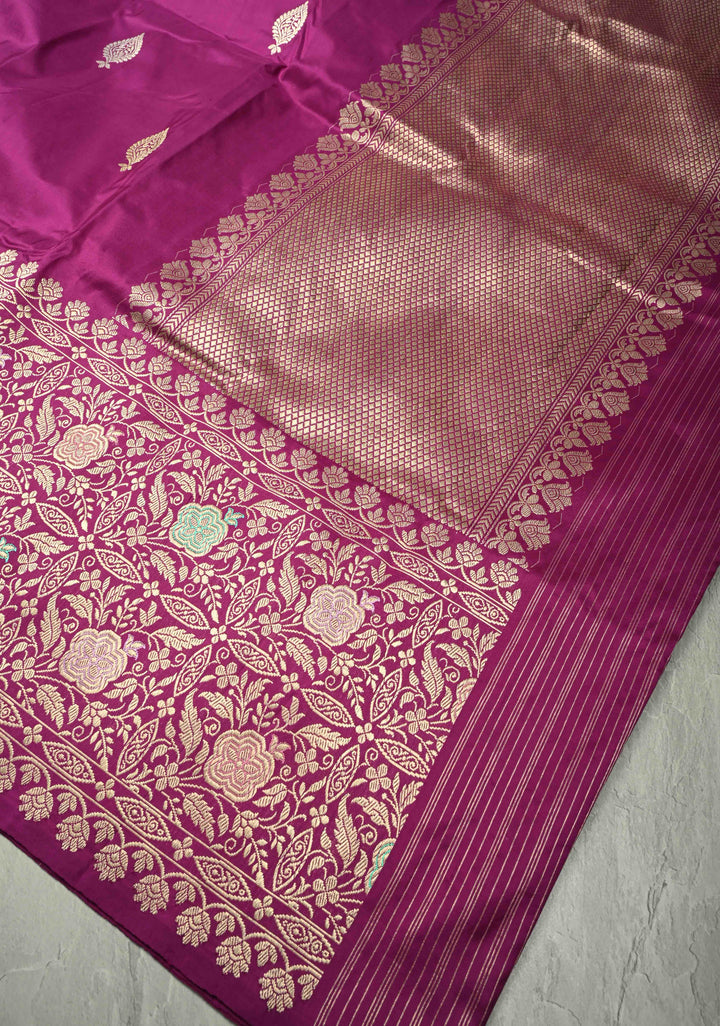 Deep Plum Banarasi Pure Katan Silk Saree with Sona Rupa Buttas and Meenakari Skirt Zari Border | SILK MARK CERTIFIED