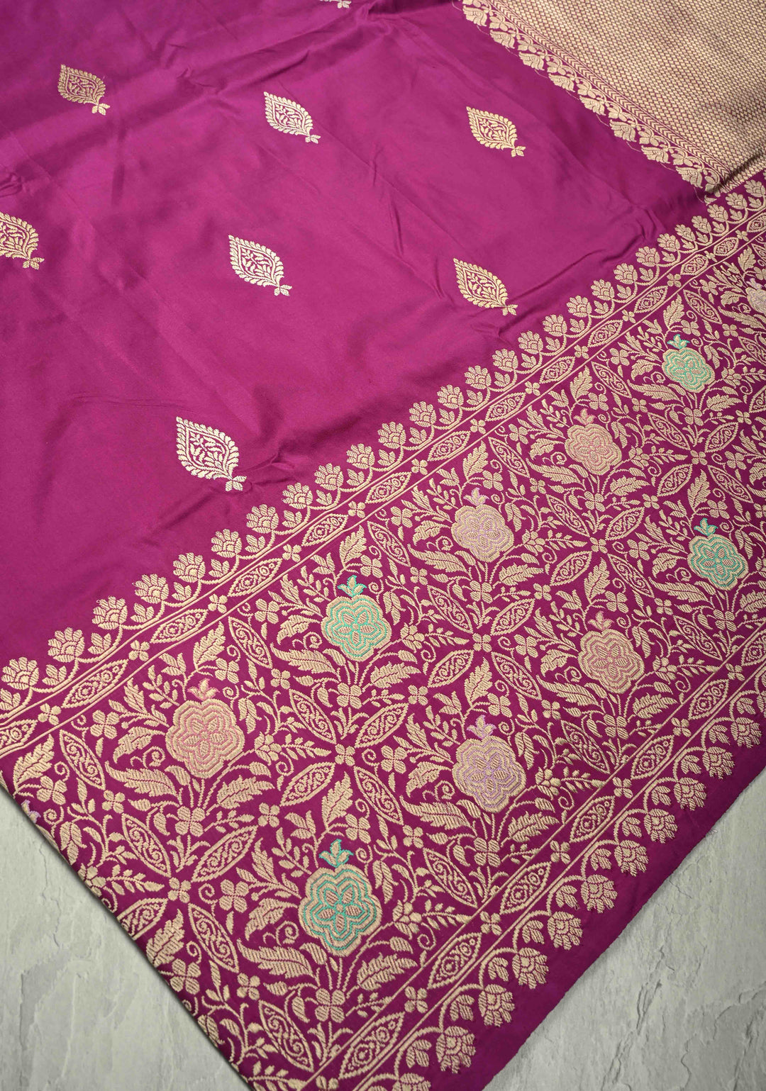 Deep Plum Banarasi Pure Katan Silk Saree with Sona Rupa Buttas and Meenakari Skirt Zari Border | SILK MARK CERTIFIED