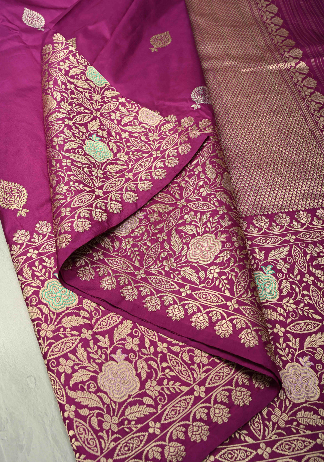 Deep Plum Banarasi Pure Katan Silk Saree with Sona Rupa Buttas and Meenakari Skirt Zari Border | SILK MARK CERTIFIED