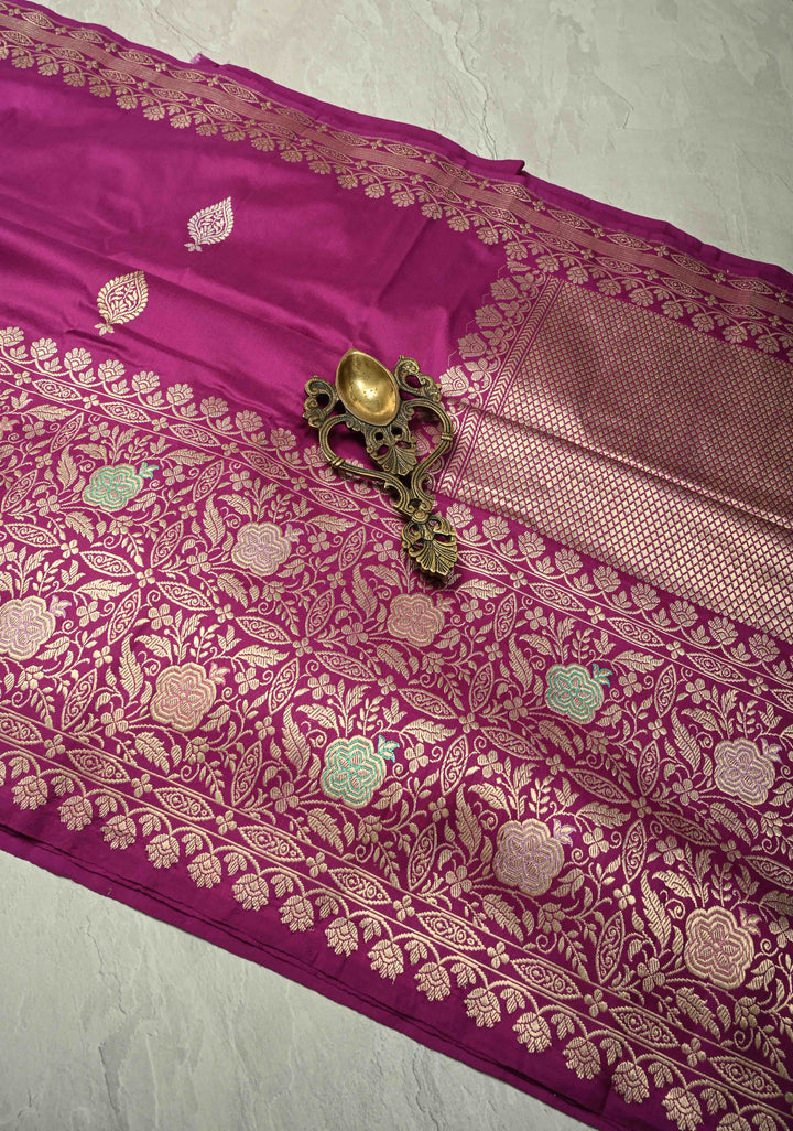 Deep Plum Banarasi Pure Katan Silk Saree with Sona Rupa Buttas and Meenakari Skirt Zari Border | SILK MARK CERTIFIED