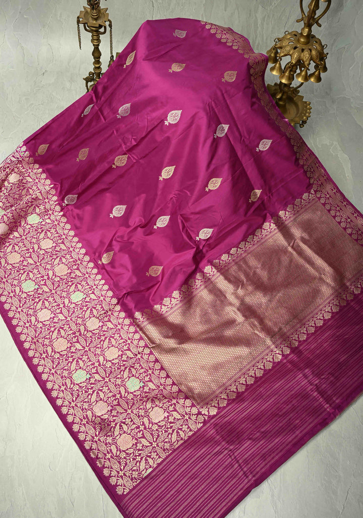 Deep Plum Banarasi Pure Katan Silk Saree with Sona Rupa Buttas and Meenakari Skirt Zari Border | SILK MARK CERTIFIED