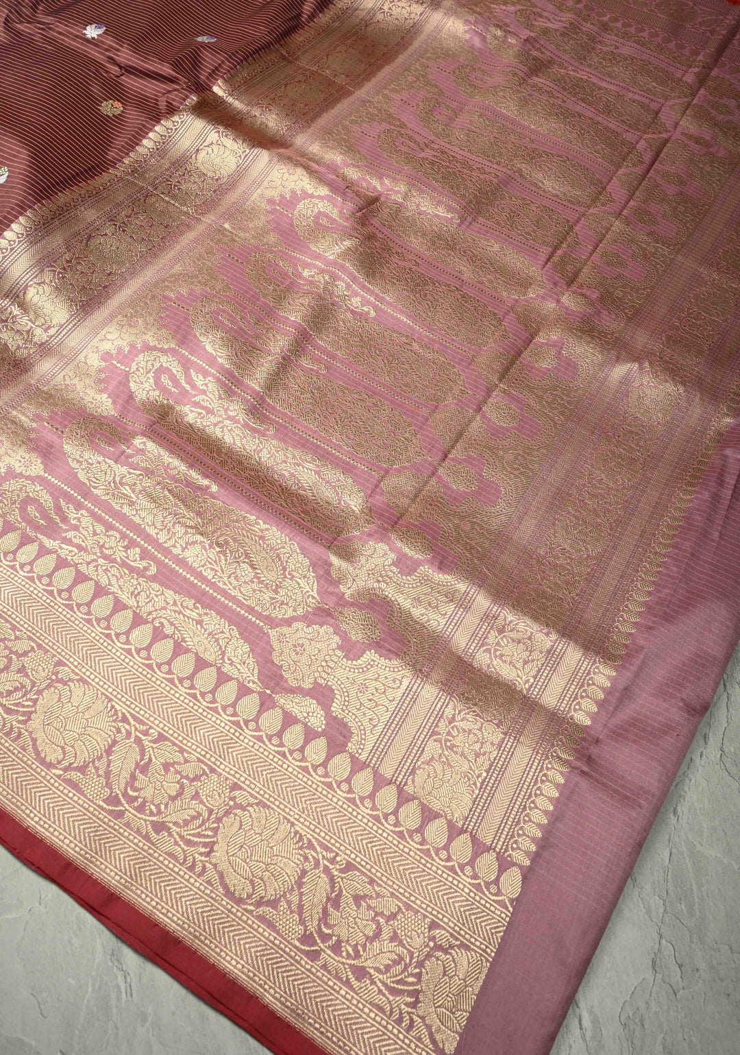 Dusty Brown Pure Banarasi Silk Saree with Floral Meenakari  Buttas and Ornate Zari Border | SILK MARK CERTIFIED