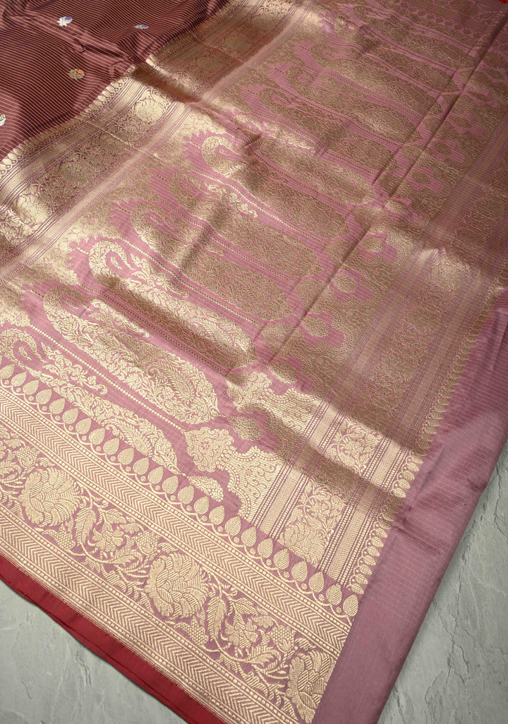 Dusty Brown Pure Banarasi Silk Saree with Floral Meenakari  Buttas and Ornate Zari Border | SILK MARK CERTIFIED