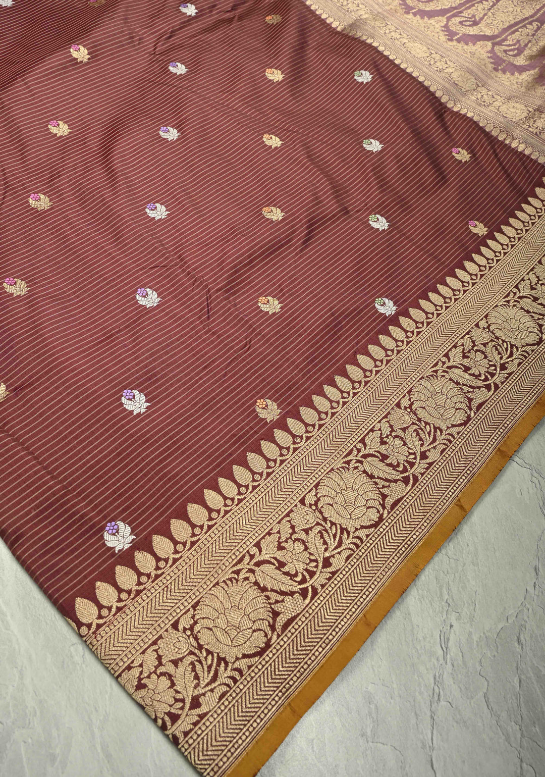 Dusty Brown Pure Banarasi Silk Saree with Floral Meenakari  Buttas and Ornate Zari Border | SILK MARK CERTIFIED