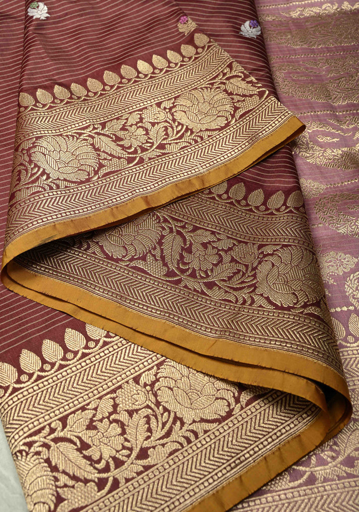 Dusty Brown Pure Banarasi Silk Saree with Floral Meenakari  Buttas and Ornate Zari Border | SILK MARK CERTIFIED