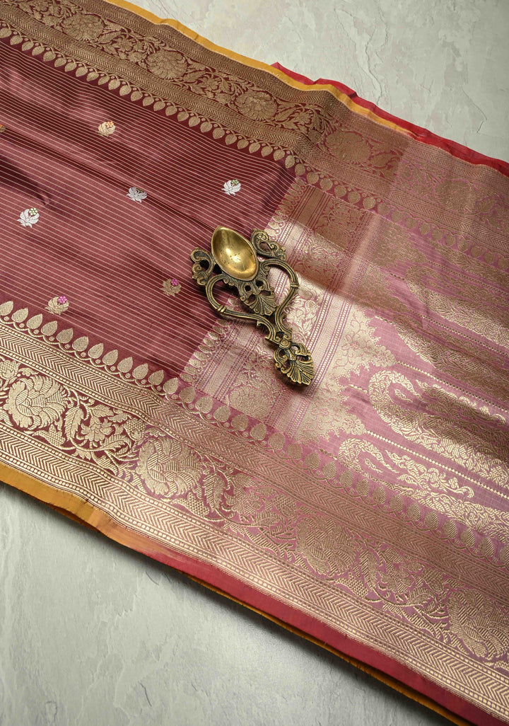 Dusty Brown Pure Banarasi Silk Saree with Floral Meenakari  Buttas and Ornate Zari Border | SILK MARK CERTIFIED