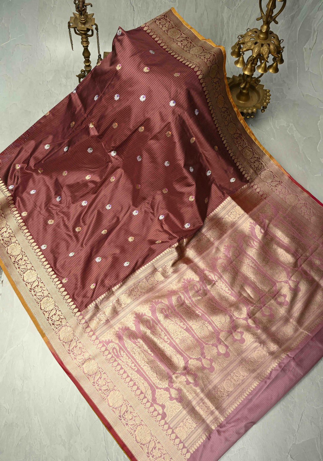 Dusty Brown Pure Banarasi Silk Saree with Floral Meenakari  Buttas and Ornate Zari Border | SILK MARK CERTIFIED