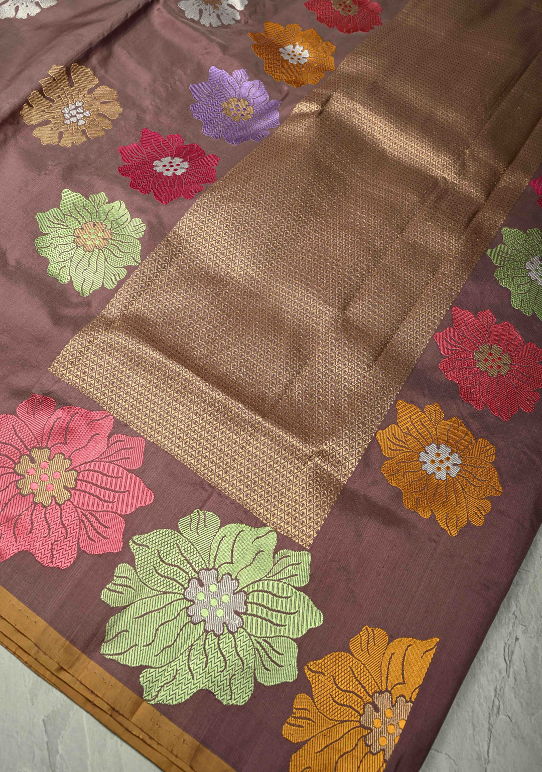 Brown-Purple Banarasi Katan Silk Saree with Meenakari Floral and Zari Border | SILK MARK CERTIFIED