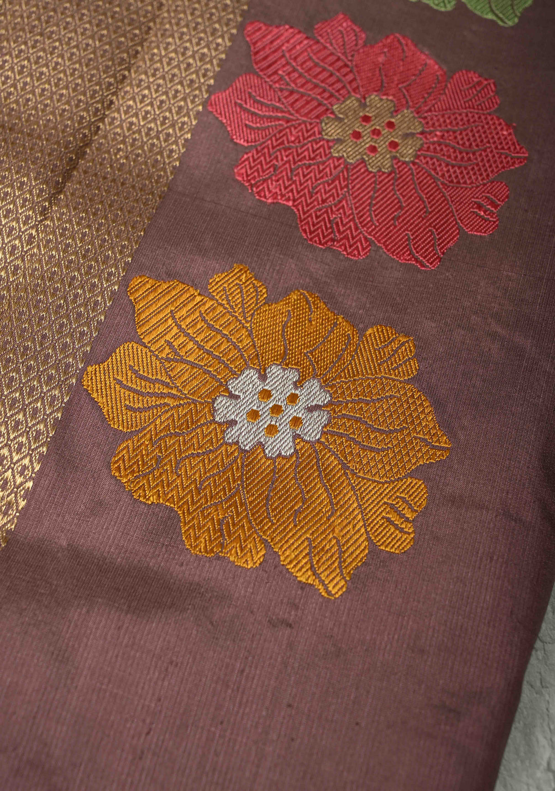 Brown-Purple Banarasi Katan Silk Saree with Meenakari Floral and Zari Border | SILK MARK CERTIFIED