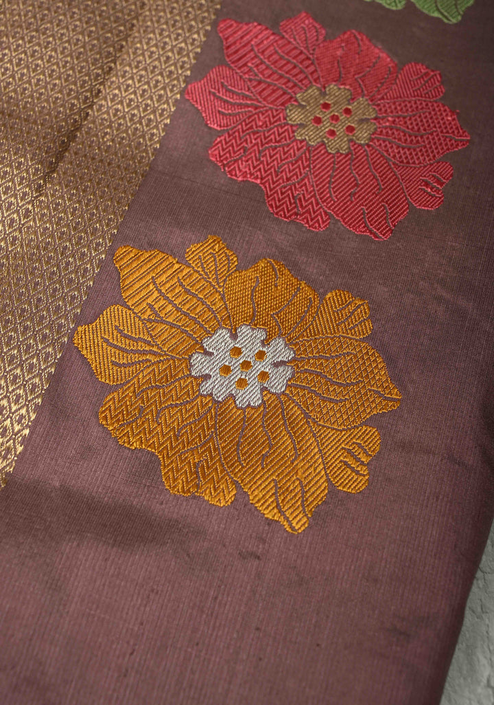 Brown-Purple Banarasi Katan Silk Saree with Meenakari Floral and Zari Border | SILK MARK CERTIFIED