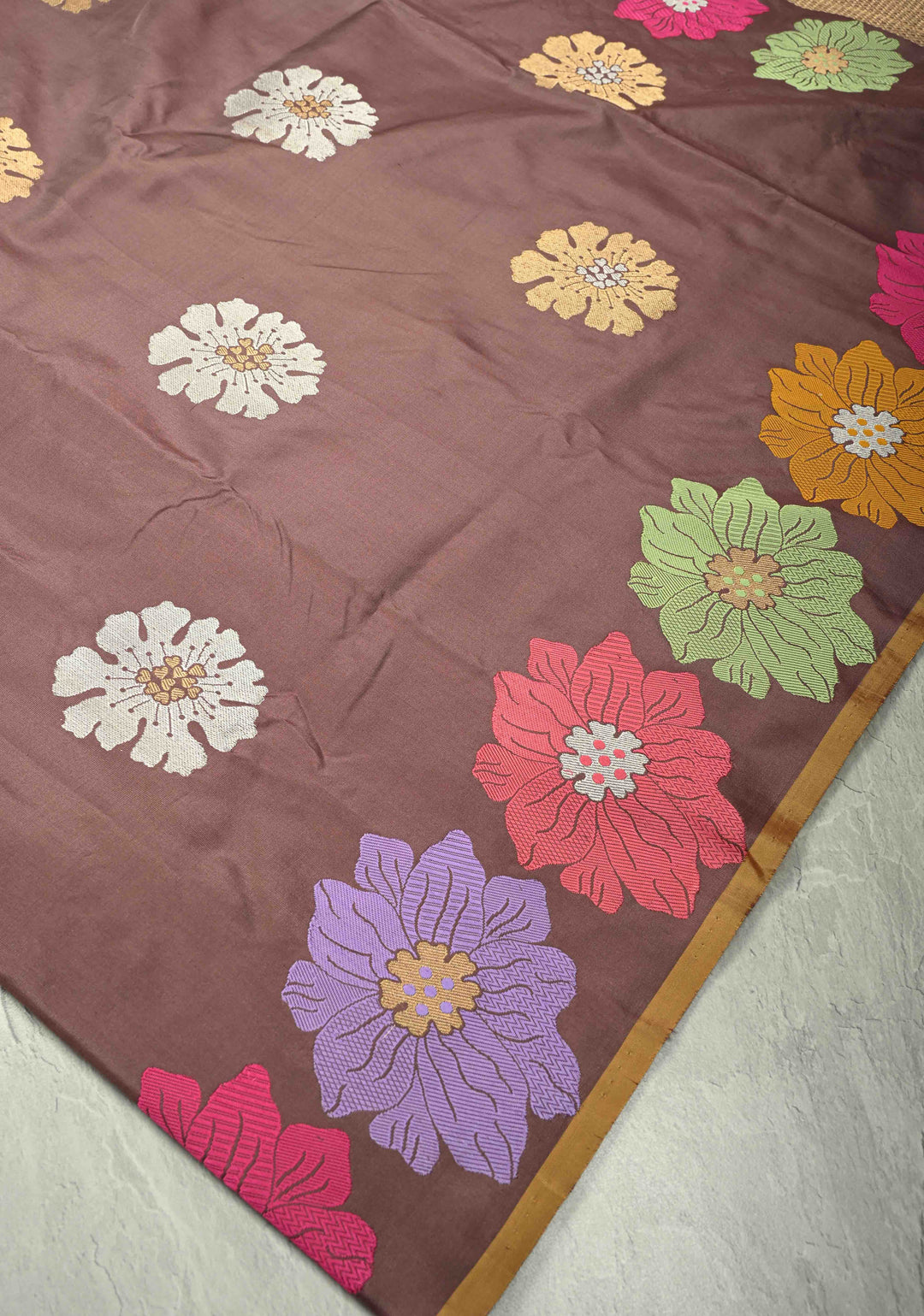 Brown-Purple Banarasi Katan Silk Saree with Meenakari Floral and Zari Border | SILK MARK CERTIFIED