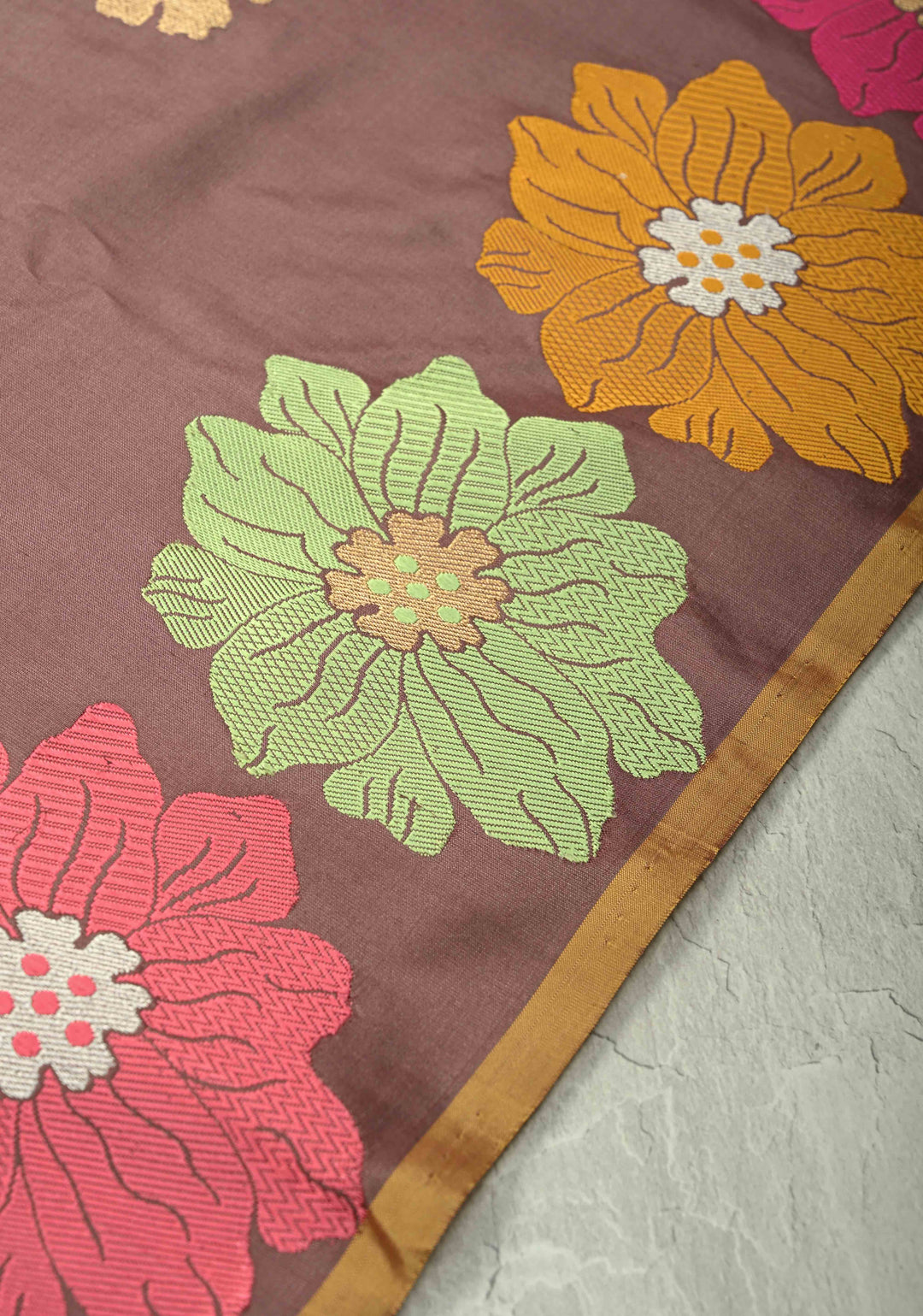 Brown-Purple Banarasi Katan Silk Saree with Meenakari Floral and Zari Border | SILK MARK CERTIFIED