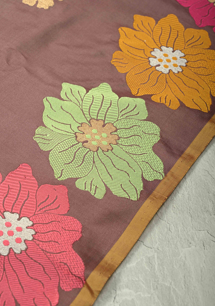 Brown-Purple Banarasi Katan Silk Saree with Meenakari Floral and Zari Border | SILK MARK CERTIFIED
