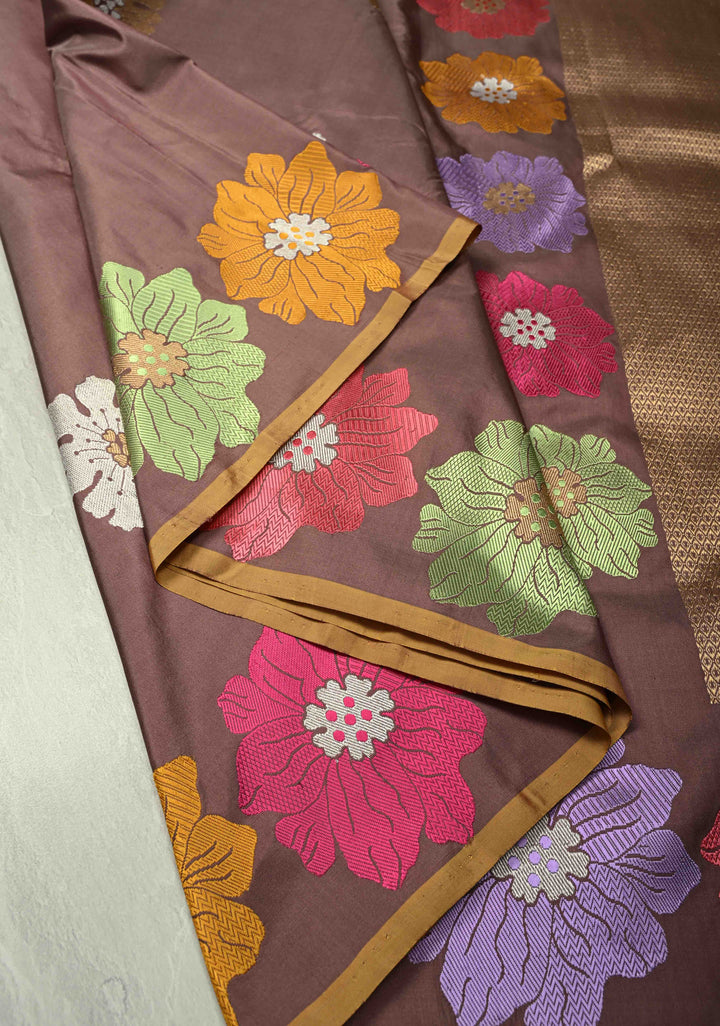 Brown-Purple Banarasi Katan Silk Saree with Meenakari Floral and Zari Border | SILK MARK CERTIFIED