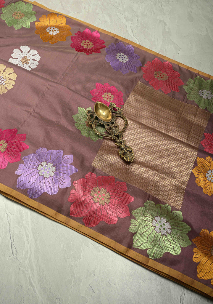 Brown-Purple Banarasi Katan Silk Saree with Meenakari Floral and Zari Border | SILK MARK CERTIFIED