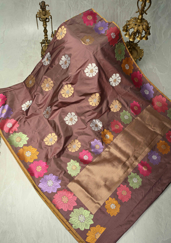 Brown-Purple Banarasi Katan Silk Saree with Meenakari Floral and Zari Border | SILK MARK CERTIFIED