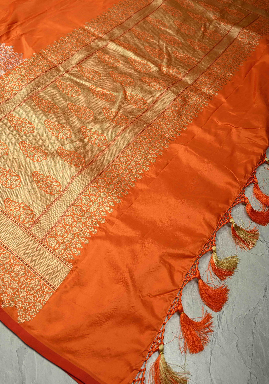 Orange Banarasi Pure Silk Saree with Intricate Rose Jaal Zari Border | SILK MARK CERTIFIED