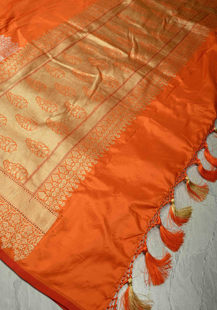Orange Banarasi Pure Silk Saree with Intricate Rose Jaal Zari Border | SILK MARK CERTIFIED