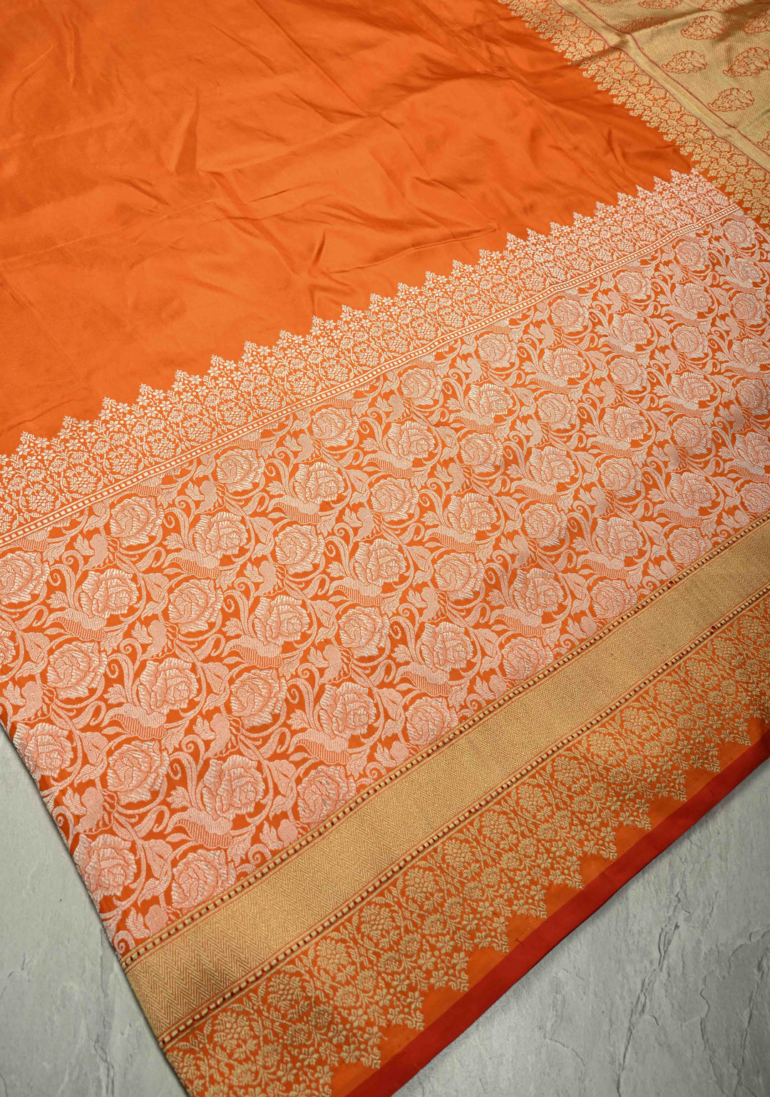 Orange Banarasi Pure Silk Saree with Intricate Rose Jaal Zari Border | SILK MARK CERTIFIED