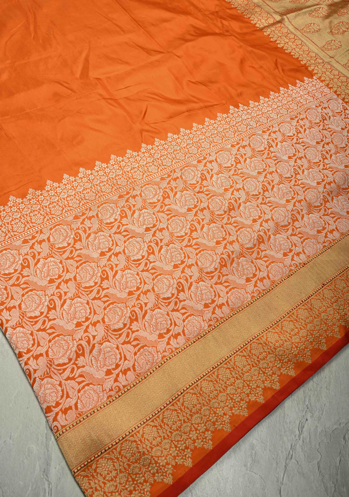 Orange Banarasi Pure Silk Saree with Intricate Rose Jaal Zari Border | SILK MARK CERTIFIED