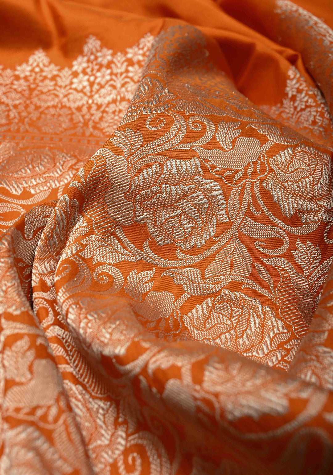 Orange Banarasi Pure Silk Saree with Intricate Rose Jaal Zari Border | SILK MARK CERTIFIED