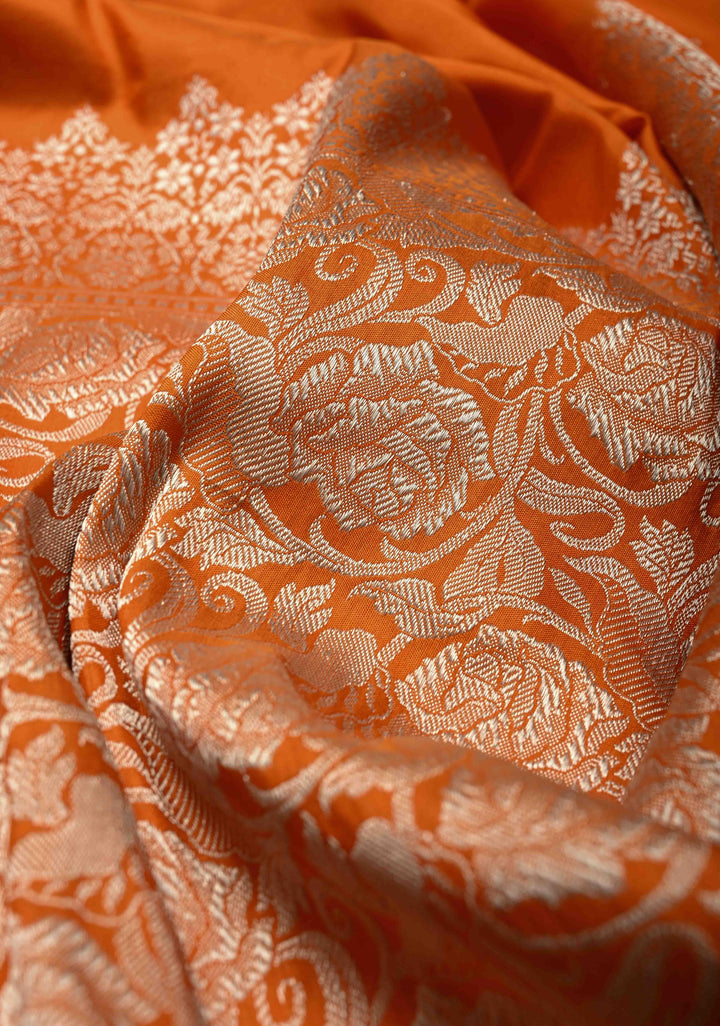 Orange Banarasi Pure Silk Saree with Intricate Rose Jaal Zari Border | SILK MARK CERTIFIED