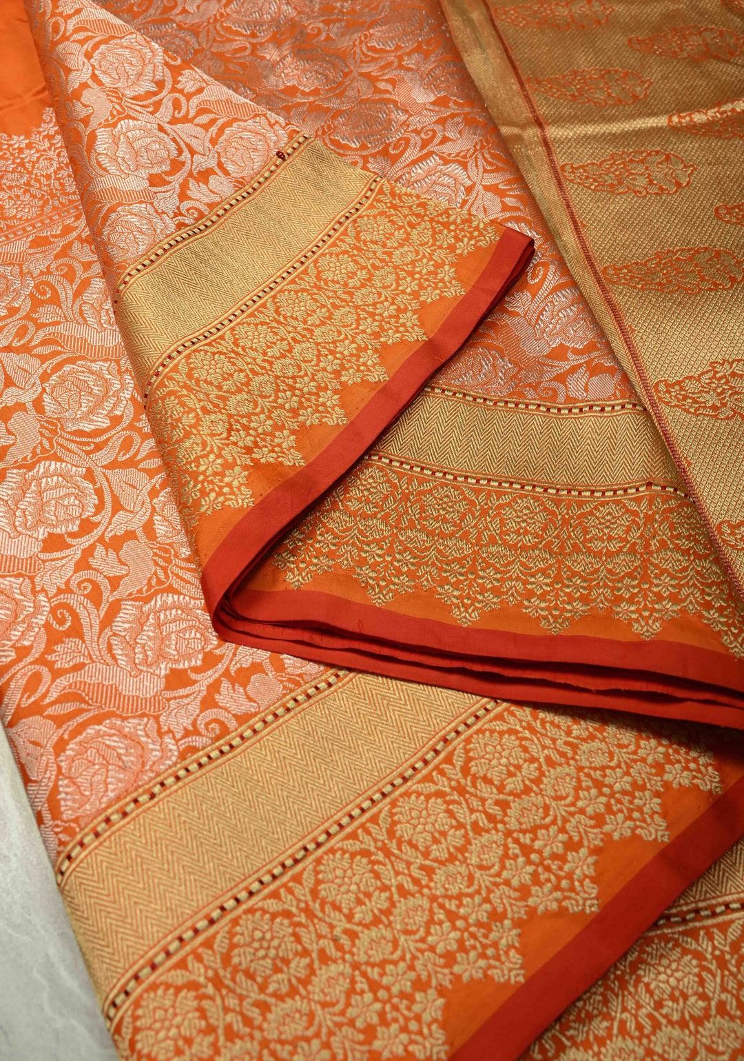 Orange Banarasi Pure Silk Saree with Intricate Rose Jaal Zari Border | SILK MARK CERTIFIED