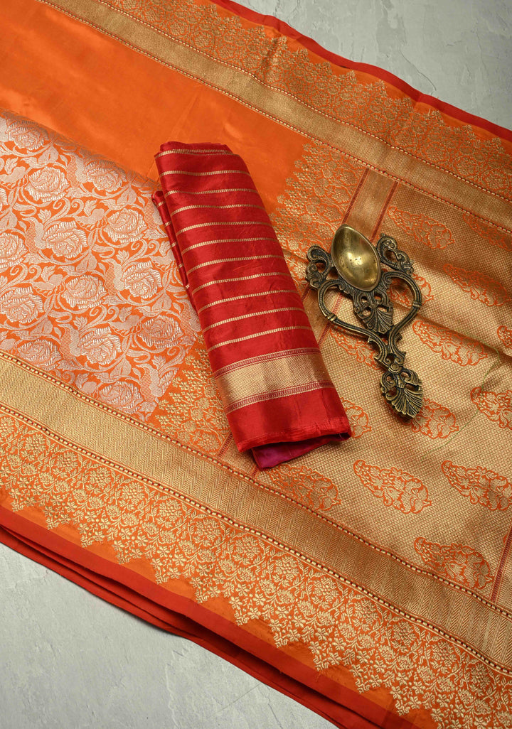 Orange Banarasi Pure Silk Saree with Intricate Rose Jaal Zari Border | SILK MARK CERTIFIED