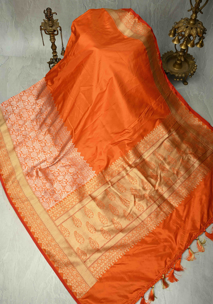 Orange Banarasi Pure Silk Saree with Intricate Rose Jaal Zari Border | SILK MARK CERTIFIED